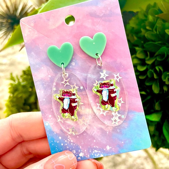 Lisa Frank Raccoon Acrylic Dangle Earrings - Picture 2 of 5